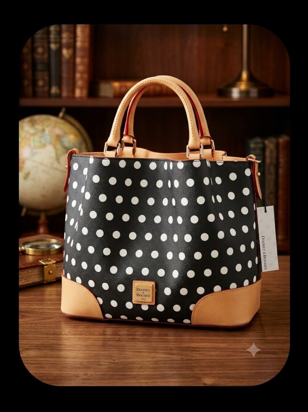 Dooney & Bourke Black and White Polka Dot Satchel with Tan Trim
